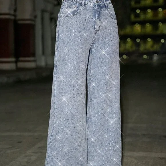 Light Wash Casual Women's Rhinestone Studded Low Waist Baggy Jeans with Glitter - Picture 6 of 6